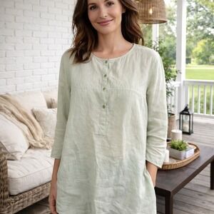 Z1 Eileen Fisher 100% Irish Linen Tunic Shirt Sage Green Long Sleeve Womens L